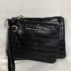 French Connection Black Dale Croco Double Pouch Wristlet NWT
